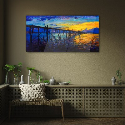 Sunset over the pier Glass art print