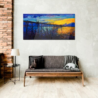 Sunset over the pier Glass art print