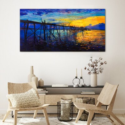 Sunset over the pier Glass art print