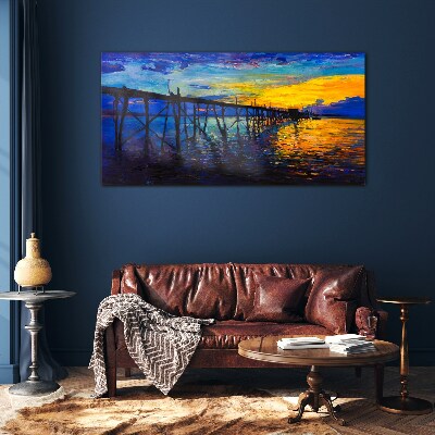 Sunset over the pier Glass art print