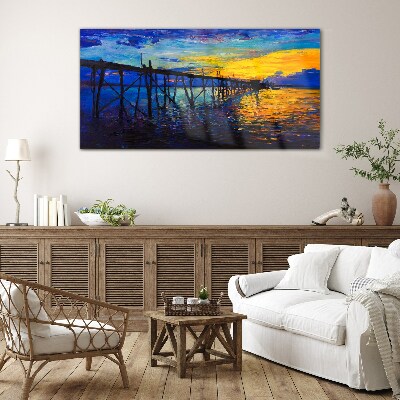 Sunset over the pier Glass art print
