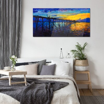 Sunset over the pier Glass art print