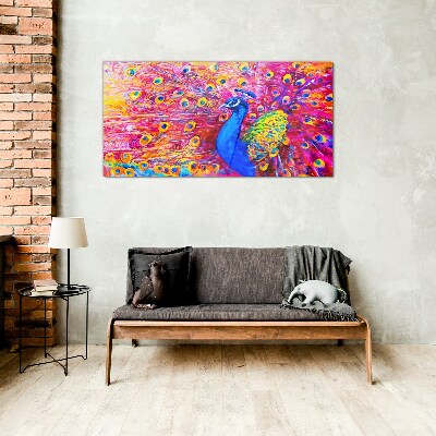 Colorful peacock in spring glow Wall art on glass