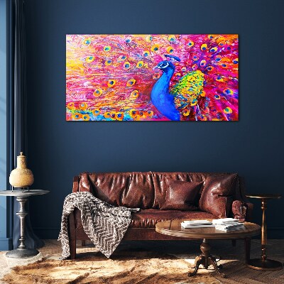 Colorful peacock in spring glow Wall art on glass