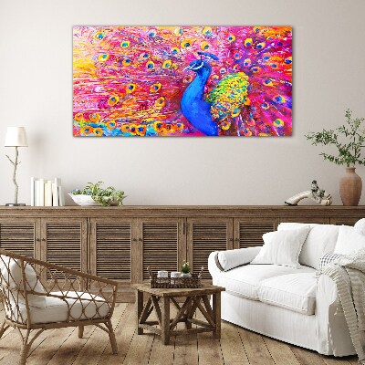 Colorful peacock in spring glow Wall art on glass