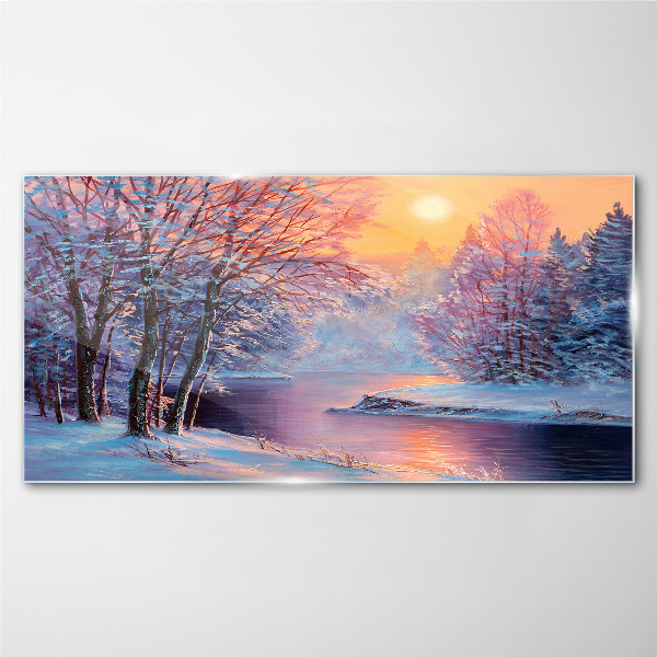Winter landscape at sunrise Glass art print