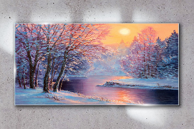 Winter landscape at sunrise Glass art print