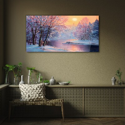 Winter landscape at sunrise Glass art print