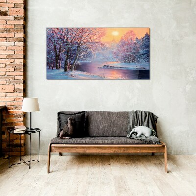 Winter landscape at sunrise Glass art print