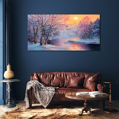Winter landscape at sunrise Glass art print