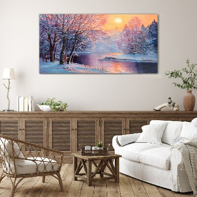Winter landscape at sunrise Glass art print