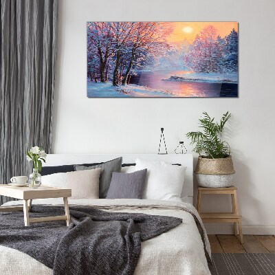 Winter landscape at sunrise Glass art print