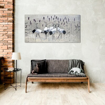White cranes in the reeds Glass art print