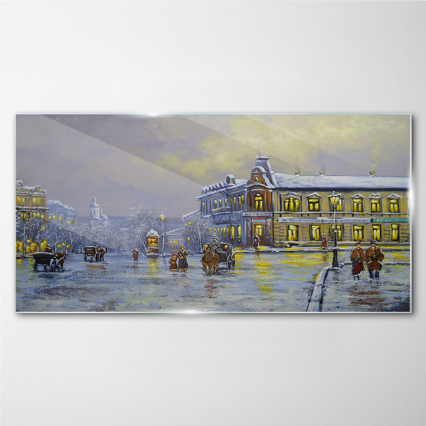 Winter evening in the city Glass art print