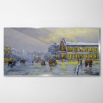 Winter evening in the city Glass art print