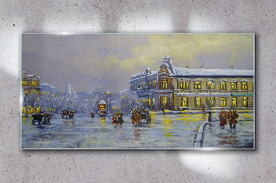 Winter evening in the city Glass art print