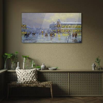 Winter evening in the city Glass art print