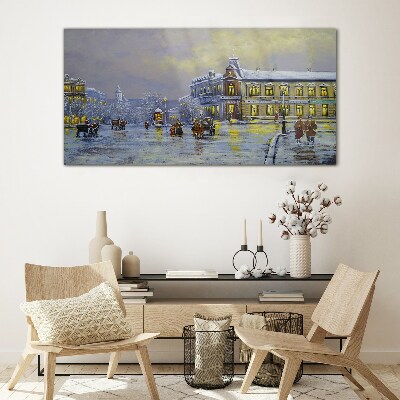 Winter evening in the city Glass art print