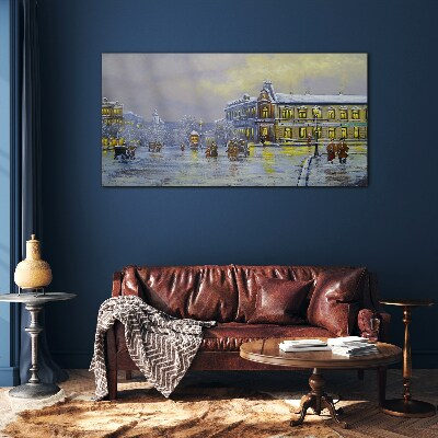 Winter evening in the city Glass art print