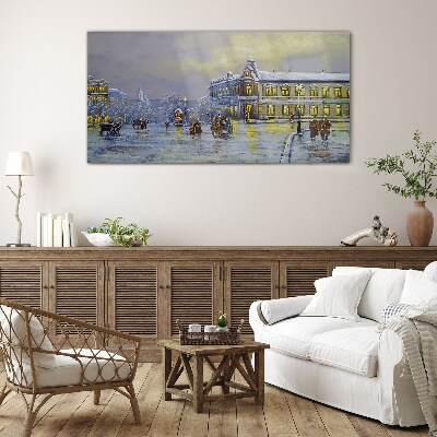 Winter evening in the city Glass art print