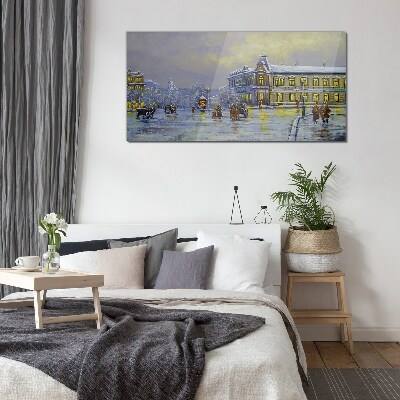 Winter evening in the city Glass art print