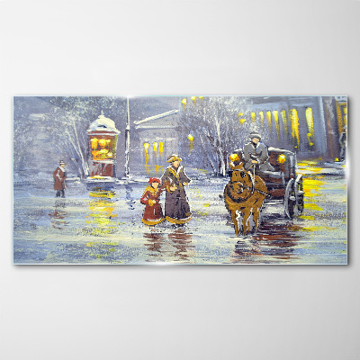 Winter evening in the city Wall art on glass