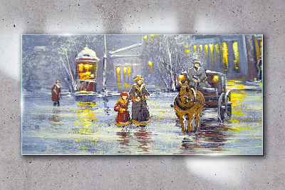 Winter evening in the city Wall art on glass