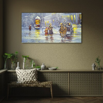 Winter evening in the city Wall art on glass