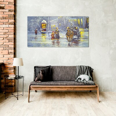 Winter evening in the city Wall art on glass