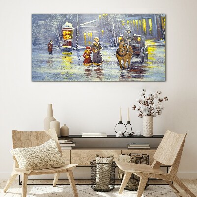 Winter evening in the city Wall art on glass