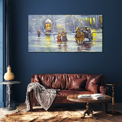 Winter evening in the city Wall art on glass