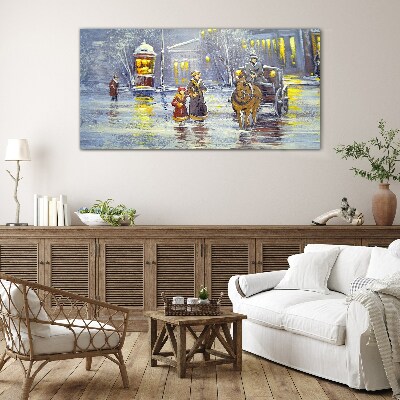 Winter evening in the city Wall art on glass