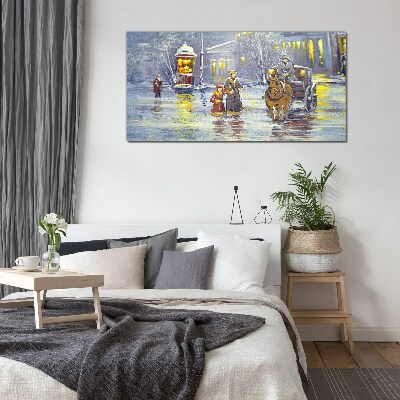 Winter evening in the city Wall art on glass
