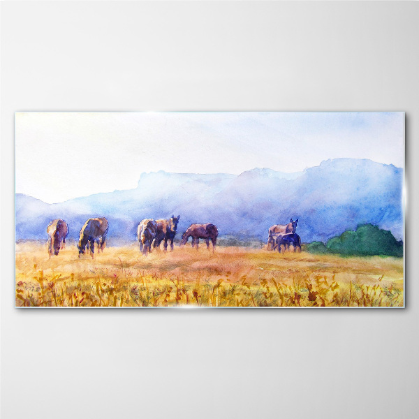 A large herd of horses in the meadow Wall art on glass