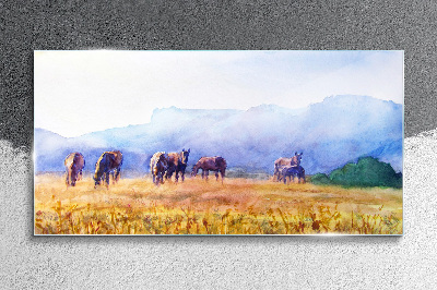 A large herd of horses in the meadow Wall art on glass