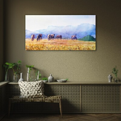 A large herd of horses in the meadow Wall art on glass