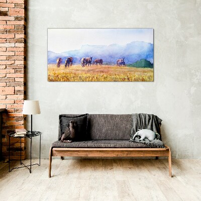 A large herd of horses in the meadow Wall art on glass