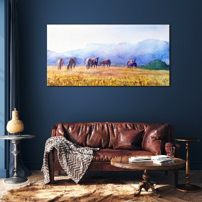 A large herd of horses in the meadow Wall art on glass