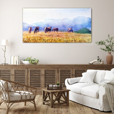 A large herd of horses in the meadow Wall art on glass