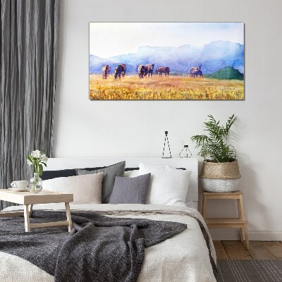 A large herd of horses in the meadow Wall art on glass