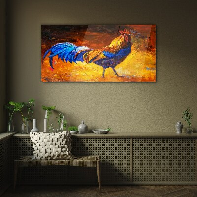 Colorful rooster against the background of fire Wall art on glass