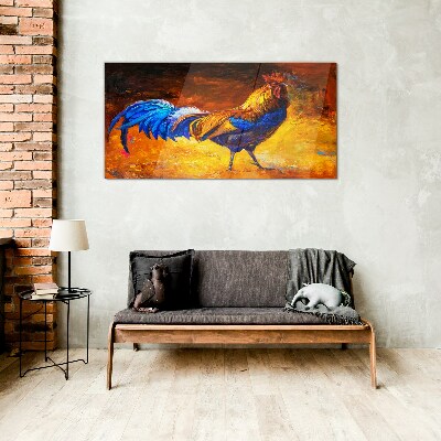 Colorful rooster against the background of fire Wall art on glass