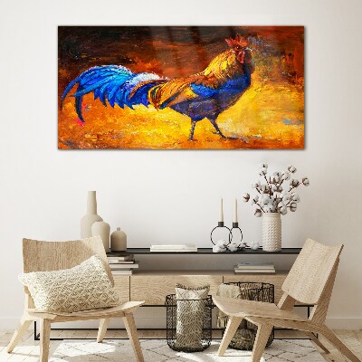 Colorful rooster against the background of fire Wall art on glass