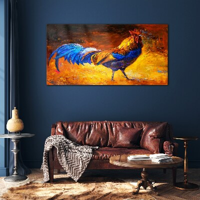 Colorful rooster against the background of fire Wall art on glass