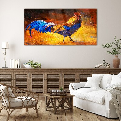Colorful rooster against the background of fire Wall art on glass