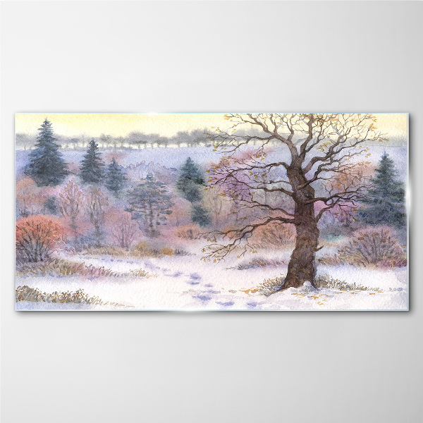 Winter landscape with a lonely tree Glass art print