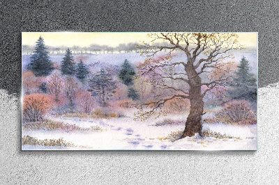 Winter landscape with a lonely tree Glass art print