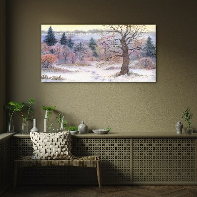 Winter landscape with a lonely tree Glass art print