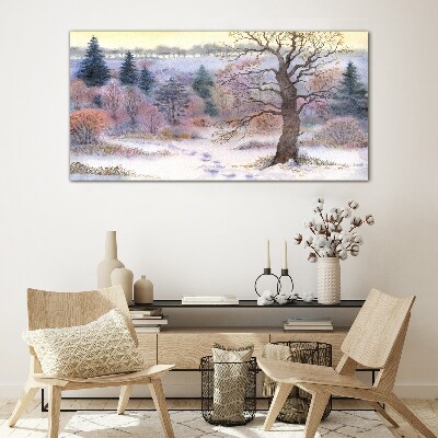 Winter landscape with a lonely tree Glass art print