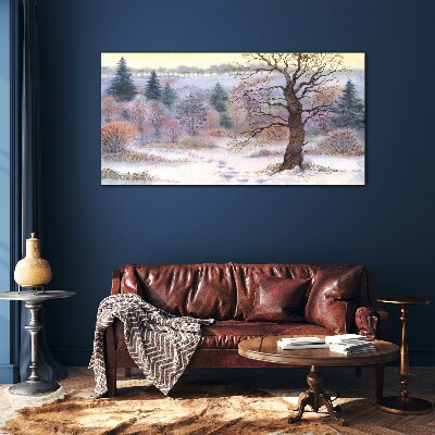 Winter landscape with a lonely tree Glass art print